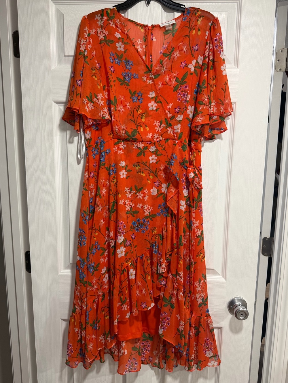 Calvin Klein Floral Orange Wrap Midi Dress with Ruffle Hem